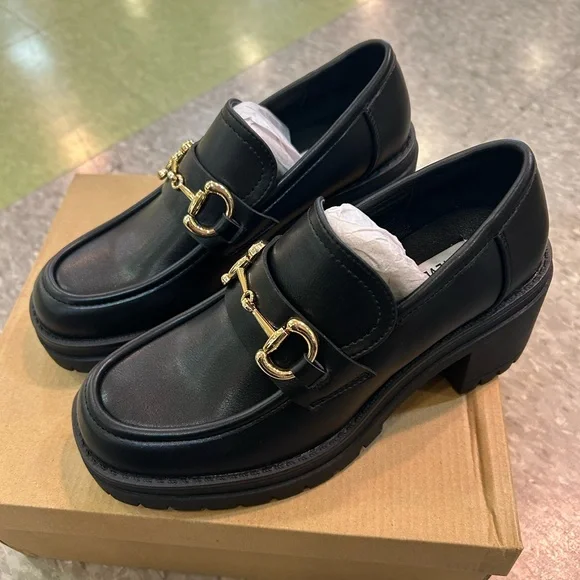 Steve Madden Black Leather Loafers with Gold Horsebit - Picture 3 of 7